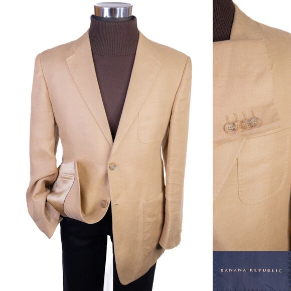 Banana Republic Sport Coat Patch Pockets Solid Beige Sz 42S 100% LINEN 2-Button - Picture 1 of 14